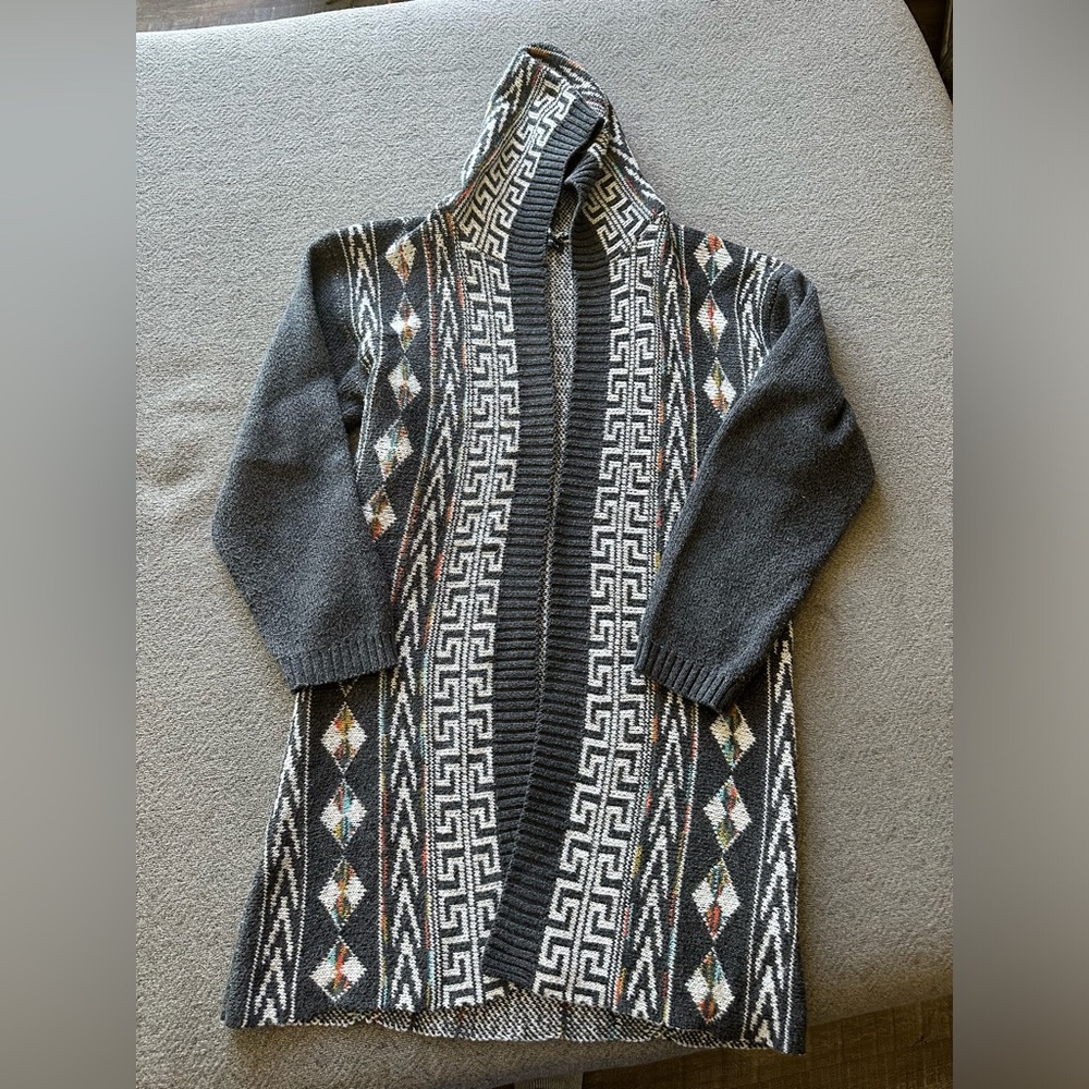 Long Hooded Geometric Pattern Open-Front Cardigan - Charcoal Gray